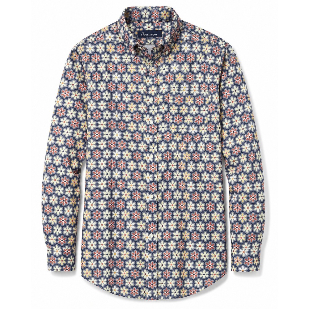 Vintage 70s Obermeyer Wind Shirt Men's Floral Daisy Pullover Button Up Blue L